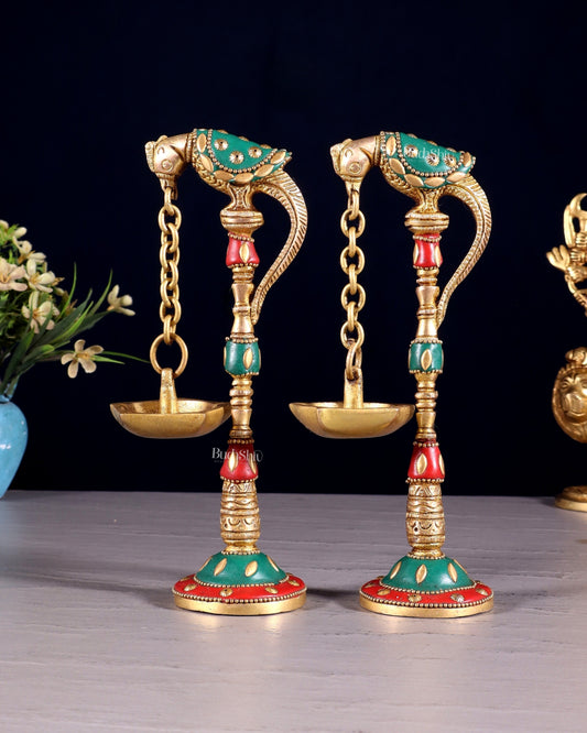 Brass Parrot lamps with stonework 7"
