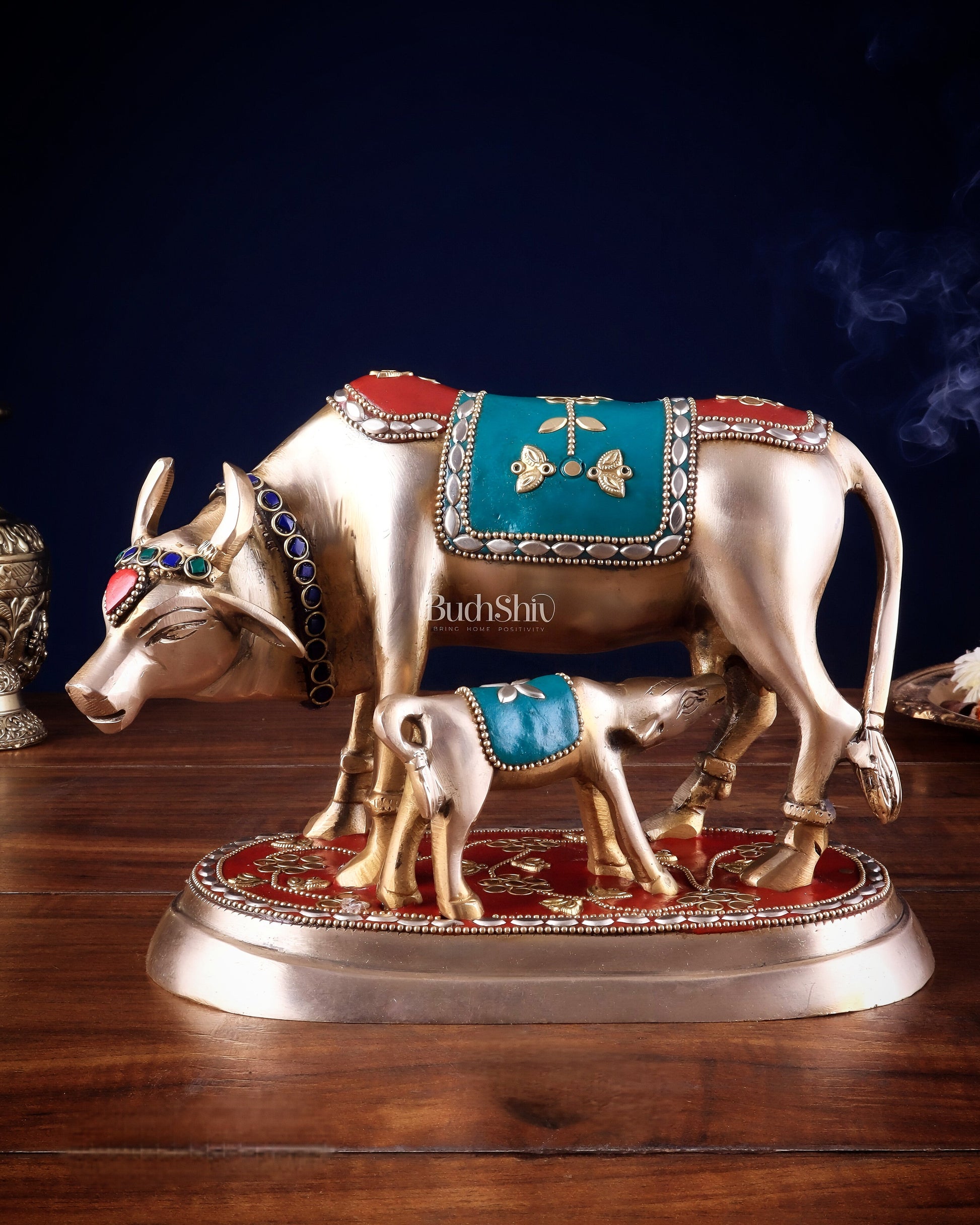 Pure Brass Kamdhenu Cow with Calf Statue - Meenakari Stonework, 8" - Eco-friendly - Sama Homes