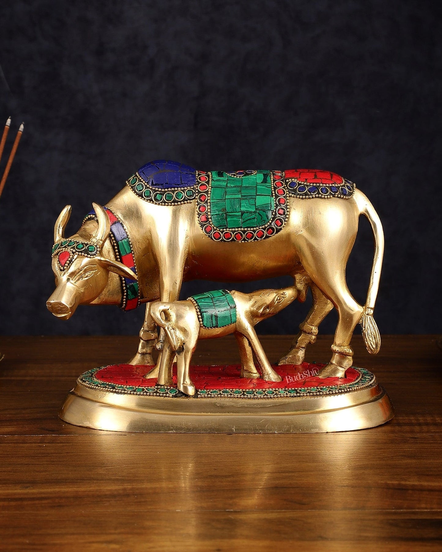 Exquisite Pure Brass Kamdhenu Cow and Calf Statue with Meenakari Stonework 8" - Sama Homes Idol - Brass Sculpture