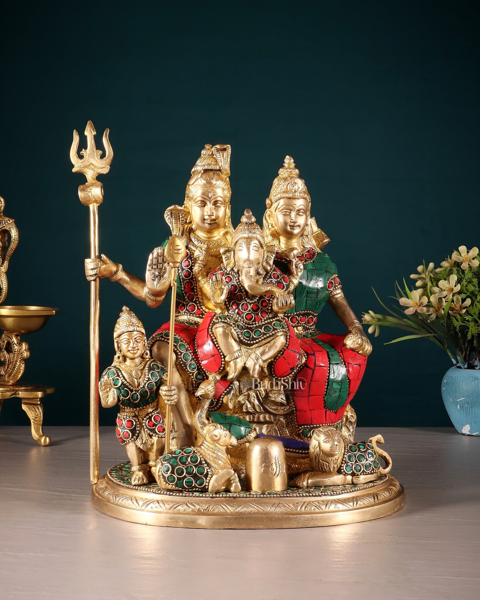 Handmade Brass Lord Shiva Parivaar Idol 9.5" with stonework - Sama Homes Idol - Brass Sculpture - Eco-friendly - Sama Homes