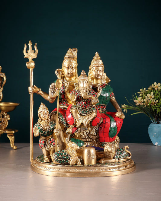 Handmade Brass Lord Shiva Parivaar Idol 9.5" with stonework - Sama Homes Idol - Brass Sculpture