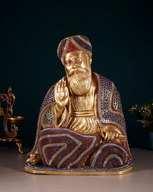 Pure Brass Guru Nanak Dev Ji Intricate Statue – Jeweled up, 13.5" - Sama Homes Idol - Brass Sculpture
