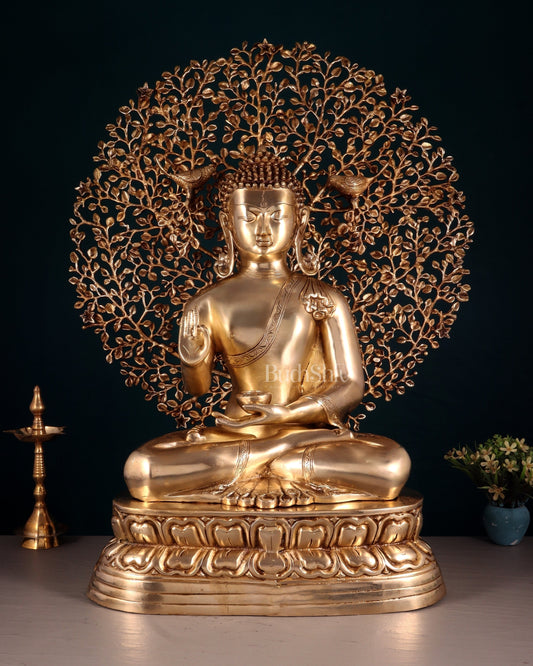 Pure Brass Buddha with Kalpavriksha Tree Statue 29" - Sama Homes Idol - Brass Sculpture