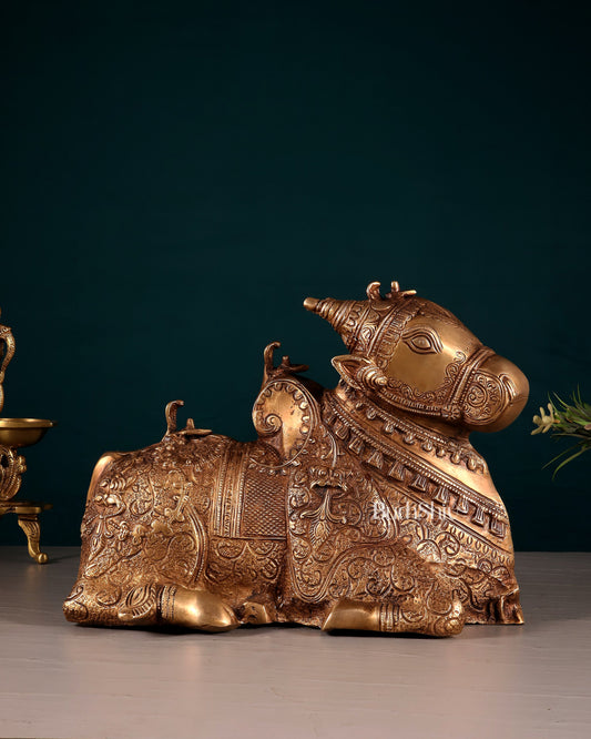 Pure Brass Nandi Statue – Intricately Carved - Sama Homes Idol - Brass Sculpture