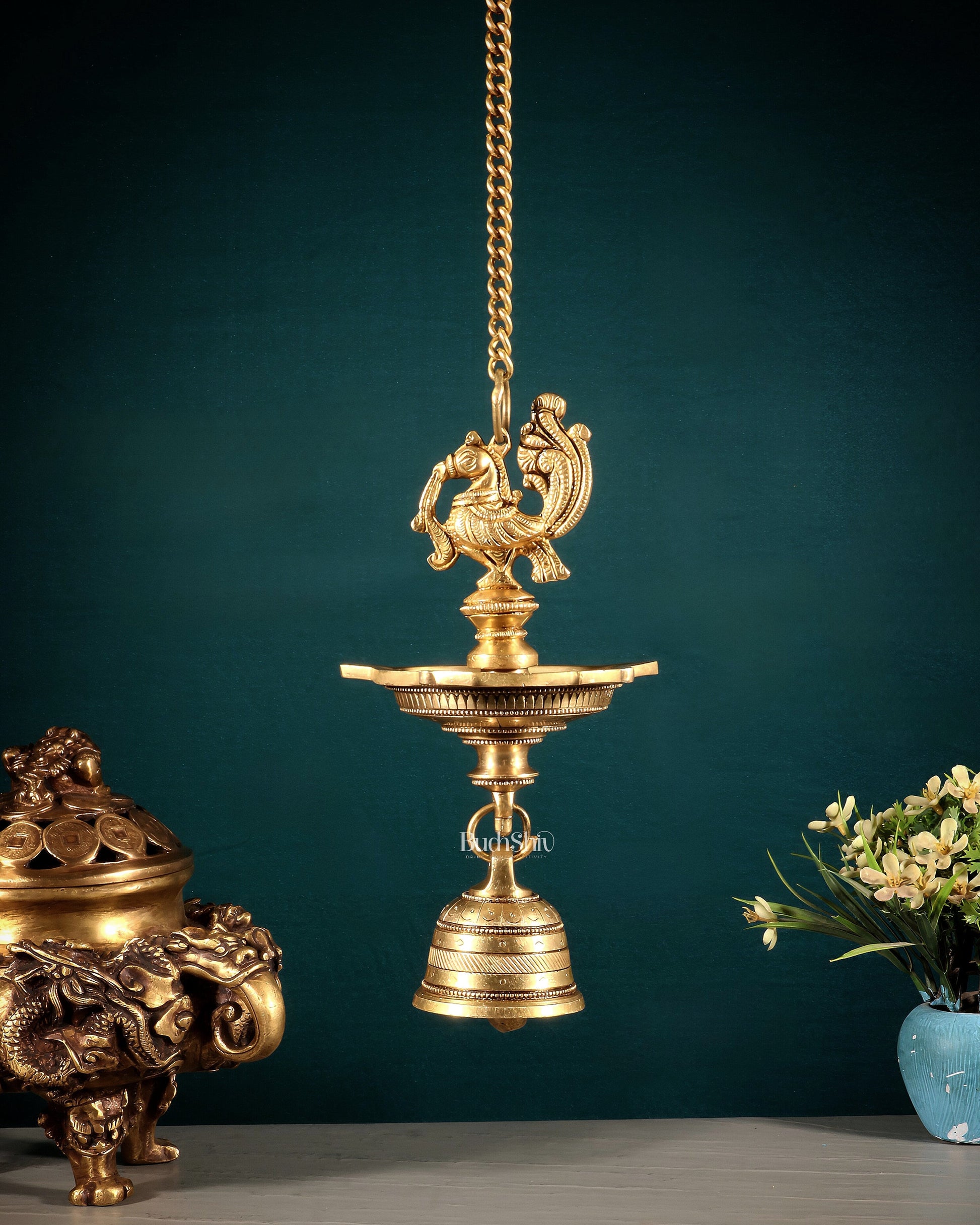 Pure Brass Annam Peacock Hanging Diya with Bell – Intricately Crafted - Sama Homes Idol - Brass Sculpture - Eco-friendly - Sama Homes