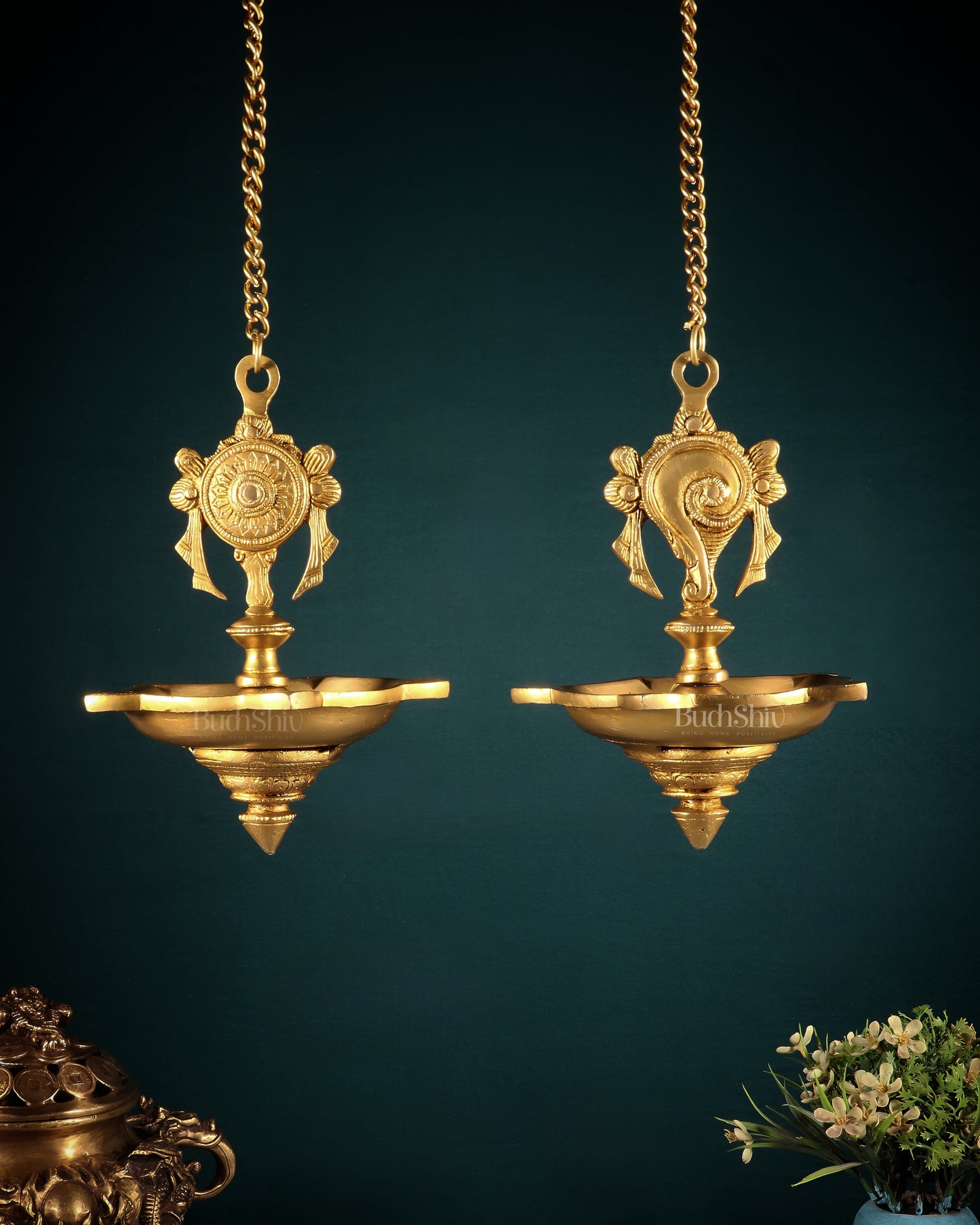 Brass Hanging Shankh Chakra Oil Lamps (Pair) with Chain – Traditional Diya Set | 100% Certified Copper & Brass - Sama Homes Idol - Brass Sculpture