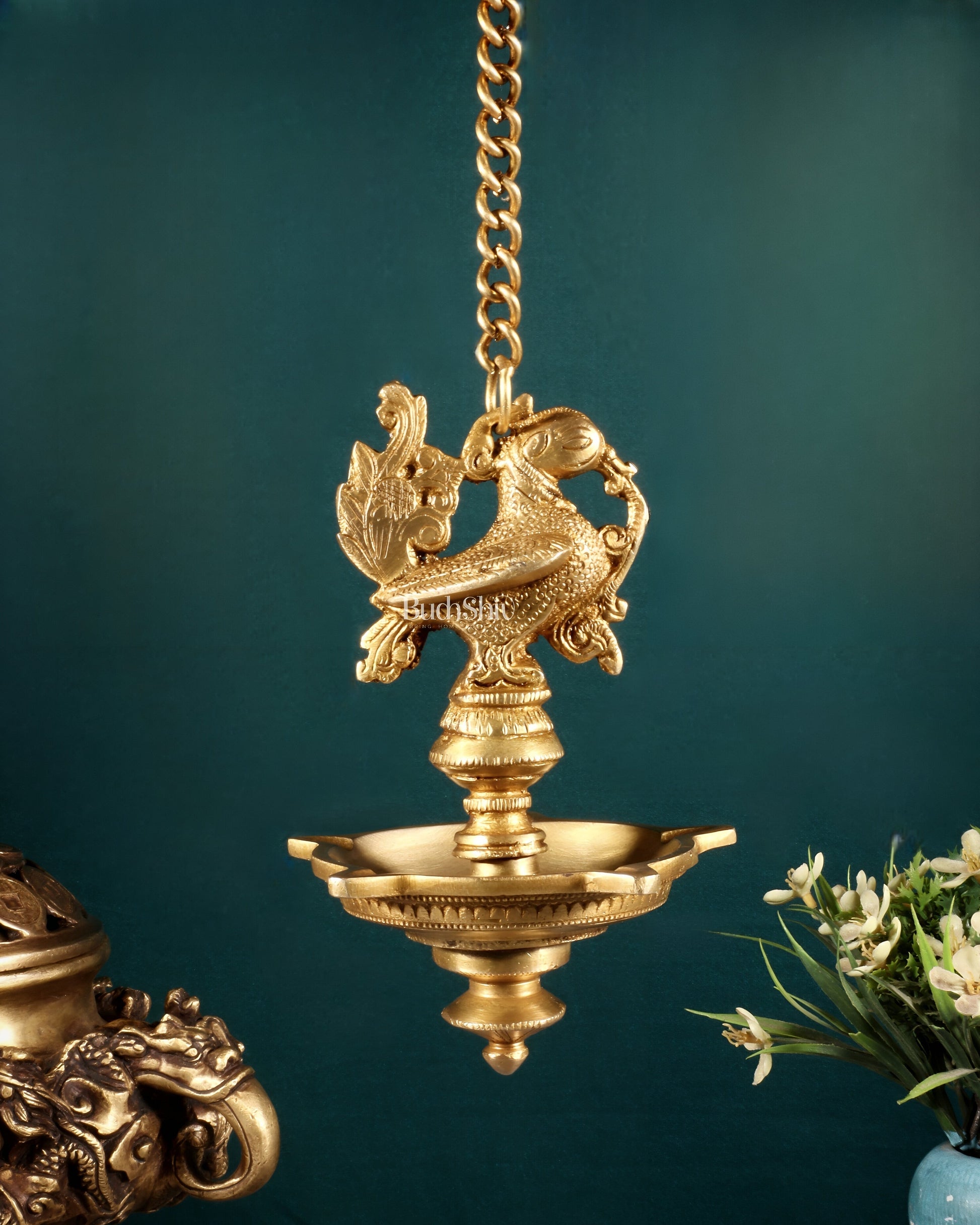 Pure Brass Annam Pakshi Peacock Hanging Oil Lamp Diya – Intricately Crafted - Sama Homes Idol - Brass Sculpture - Eco-friendly - Sama Homes