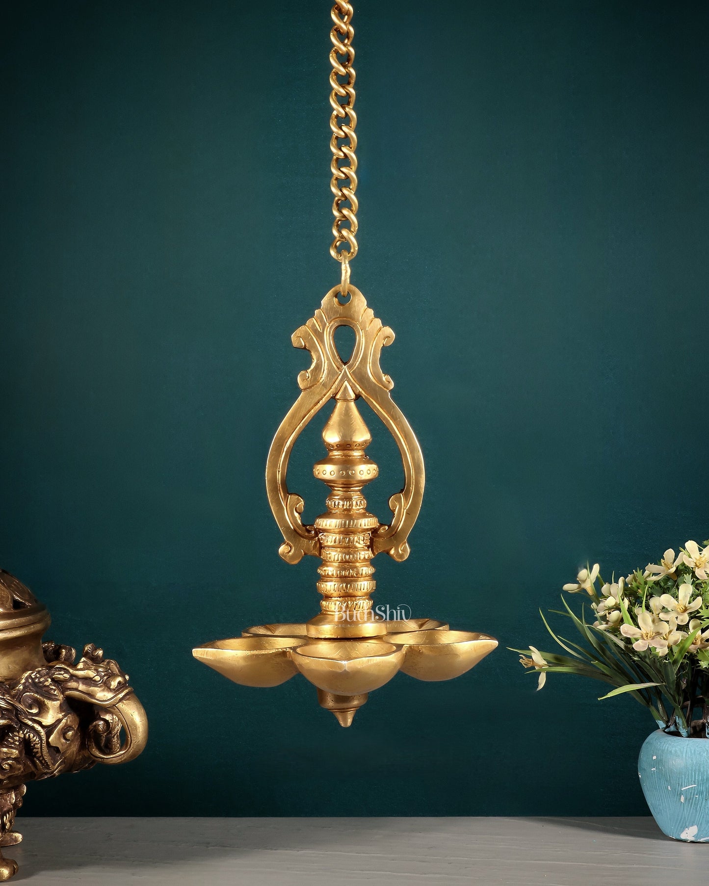 Traditional Brass Hanging Diya with 5 Wicks and Chain – Sama Homes