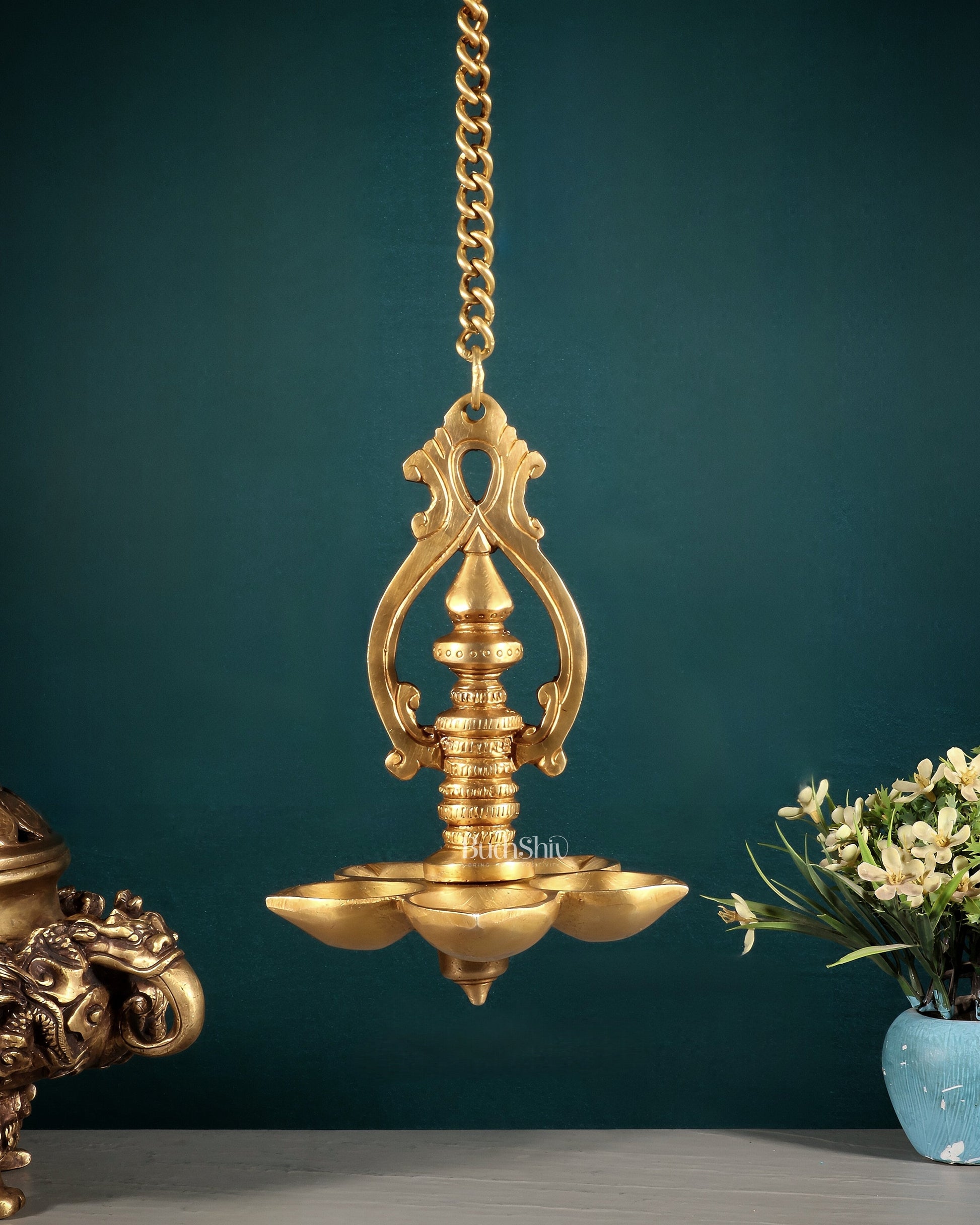 Traditional Brass Hanging Diya with 5 Wicks and Chain – Sama Homes - Eco-friendly - Sama Homes
