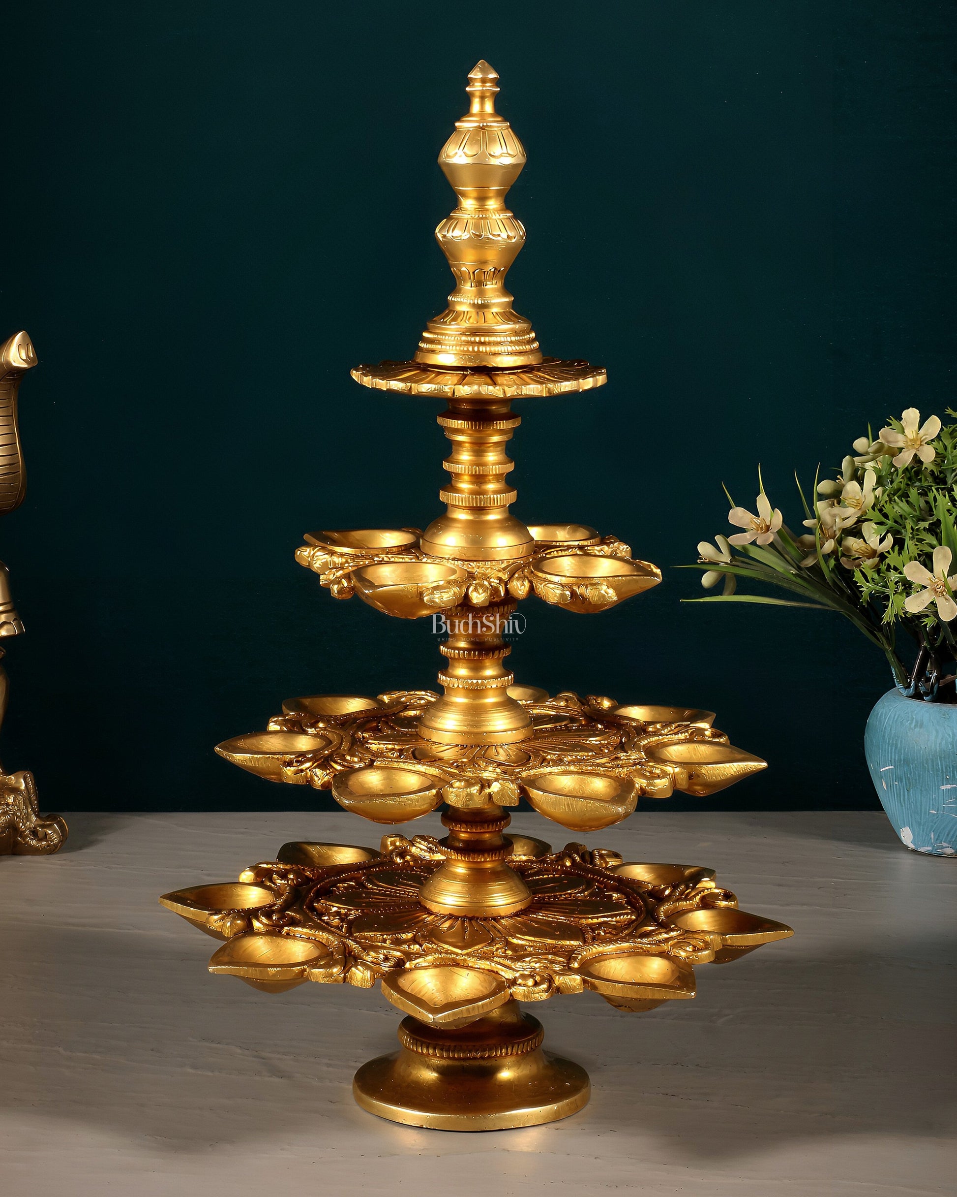 Pure Brass Multi-Wick Oil Lamp (19 Diyas) – 12 Inch Tiered Deepam, Temple Decor - Eco-friendly - Sama Homes