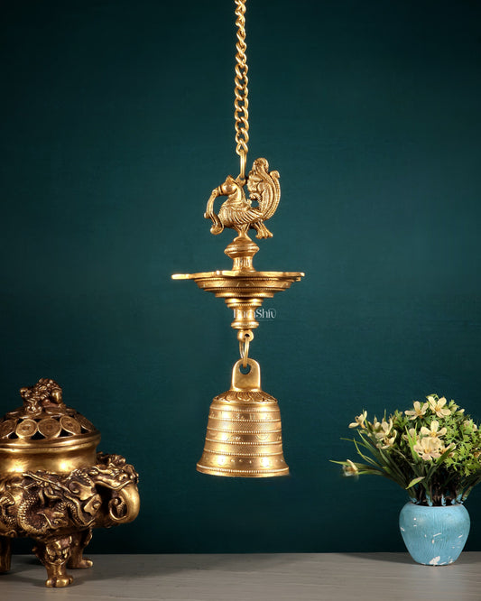 Pure Brass Annam Pakshi Hanging Oil Lamp with Bell - Sama Homes Idol - Brass Sculpture