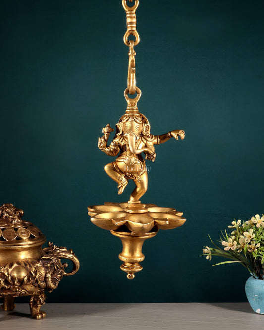 Brass Dancing Ganesha Hanging Oil Lamp | 100% Certified Copper & Brass - Sama Homes Idol - Brass Sculpture