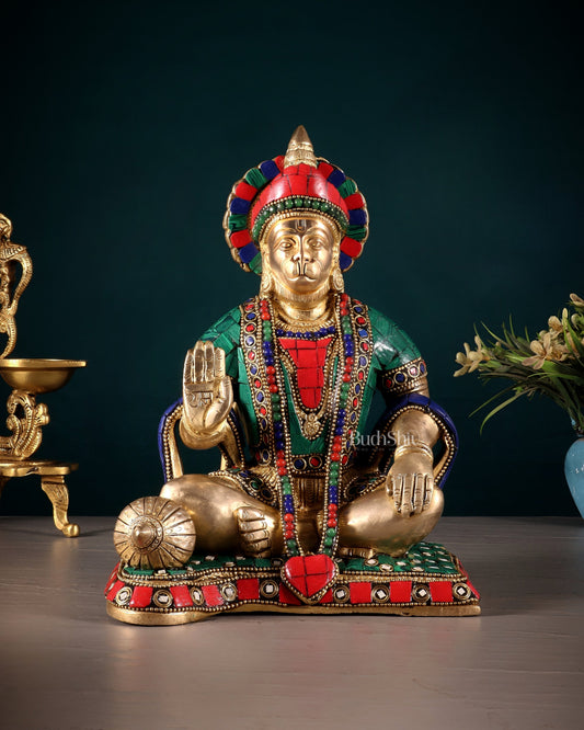 Lord Hanuman Brass Idol 9.5" Tall | Meenakari Stonework - Sama Homes Idol - Brass Sculpture