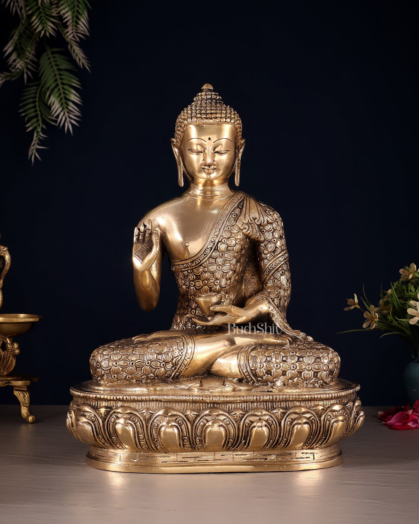 Pure Brass blessing Buddha Sculpture - 13" - Sama Homes Idol - Brass Sculpture