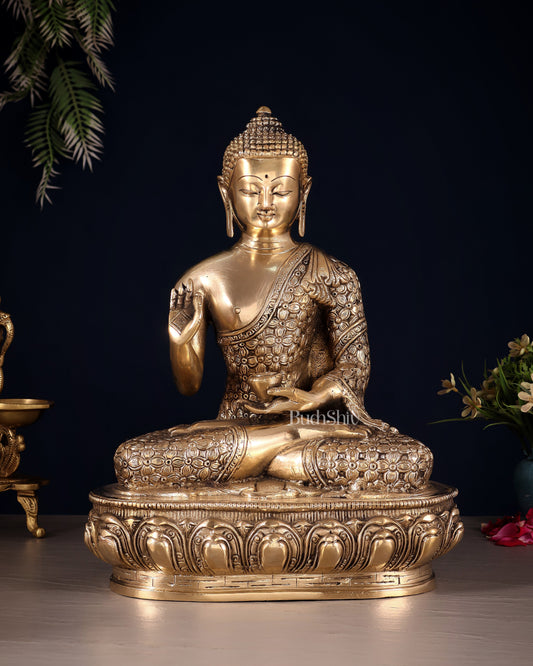 Pure Brass blessing Buddha Sculpture - 13" - Sama Homes Idol - Brass Sculpture
