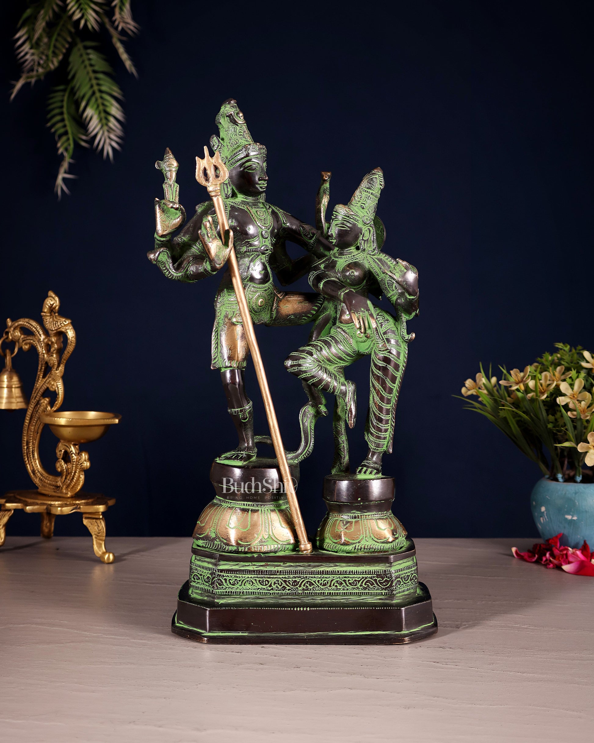 Vintage Brass Shiva Parvati Dancing Idols - 12.5" black and green - Sama Homes Idol - Brass Sculpture - Eco-friendly - Sama Homes