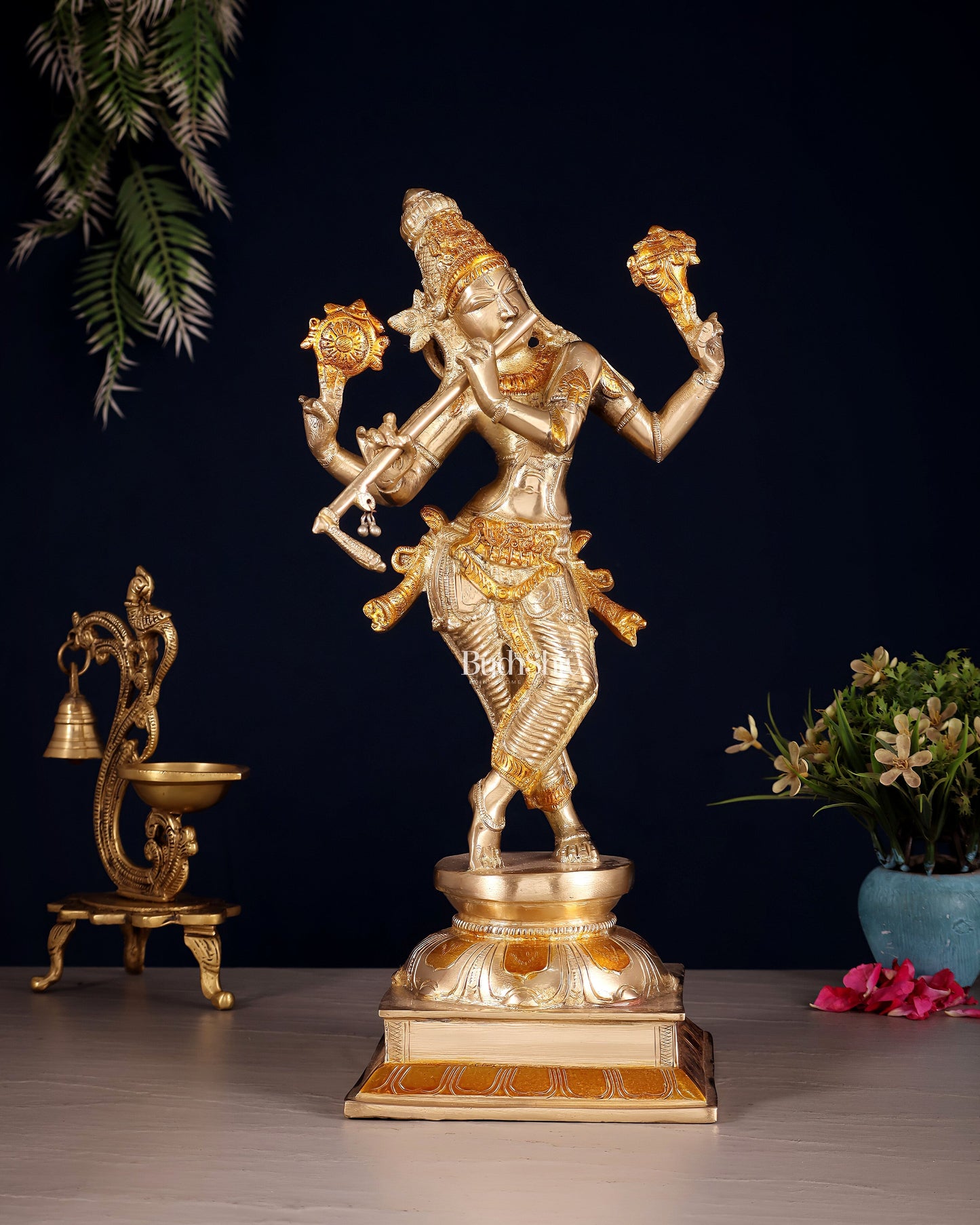 Brass Superfine Lord Krishna with Unique Crown Idol | Height: 14.5 inch - Sama Homes Idol - Brass Sculpture