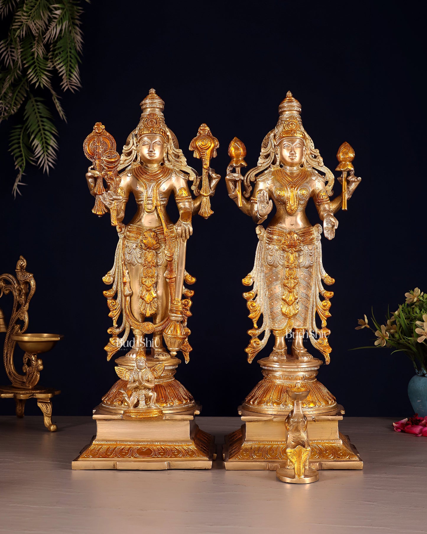 Pure Brass Chola Style Vishnu Set – Vishnu with Garuda & Lakshmi | 14 Inch - Sama Homes Idol - Brass Sculpture