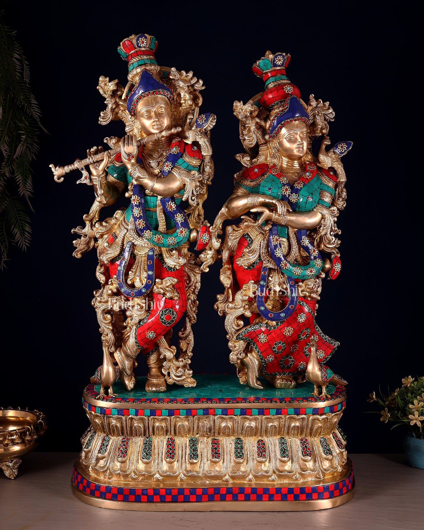 Pure Brass Radha Krishna Idol with Peacocks | Meenakari Stonework | 29 Inches - Sama Homes Idol - Brass Sculpture