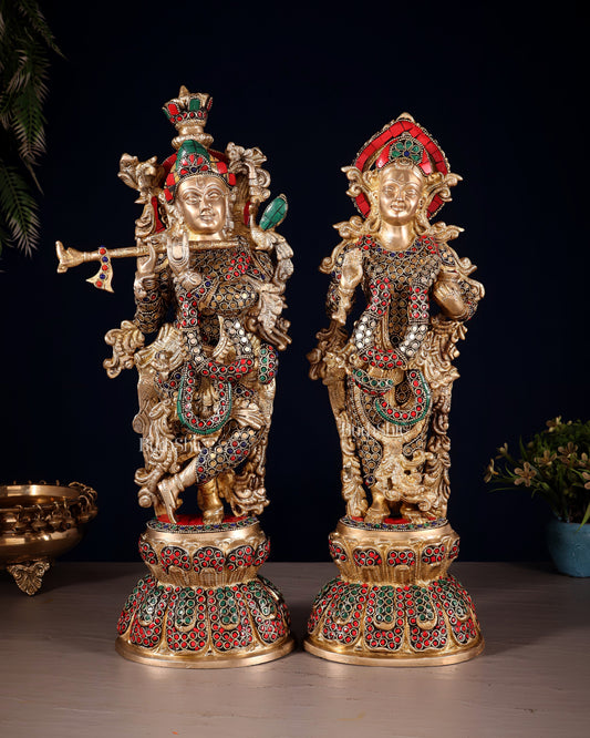 Radha Krishna Brass idols 18 inch with ring stonework - Sama Homes Idol - Brass Sculpture