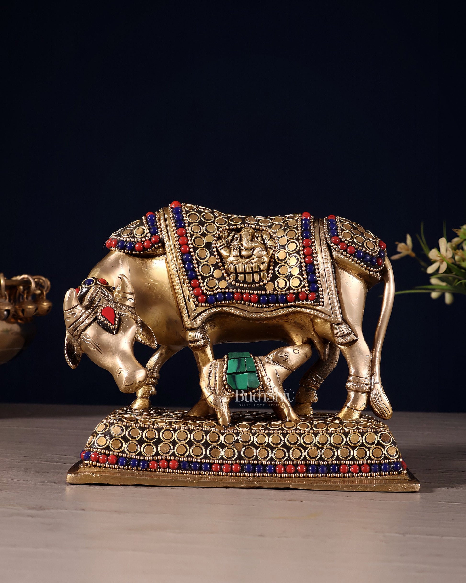 Brass Cow and Calf Kamdhenu Idol | Engraved with Ganesha and Lakshmi 6 inch | 100% Certified Copper & Brass - Sama Homes Idol - Brass Sculpture - Eco-friendly - Sama Homes