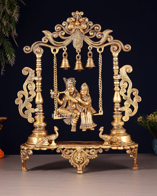 Pure Brass Radha Krishna on Swing with Twin Peacocks – Antique Finish 20" - Sama Homes Idol - Brass Sculpture