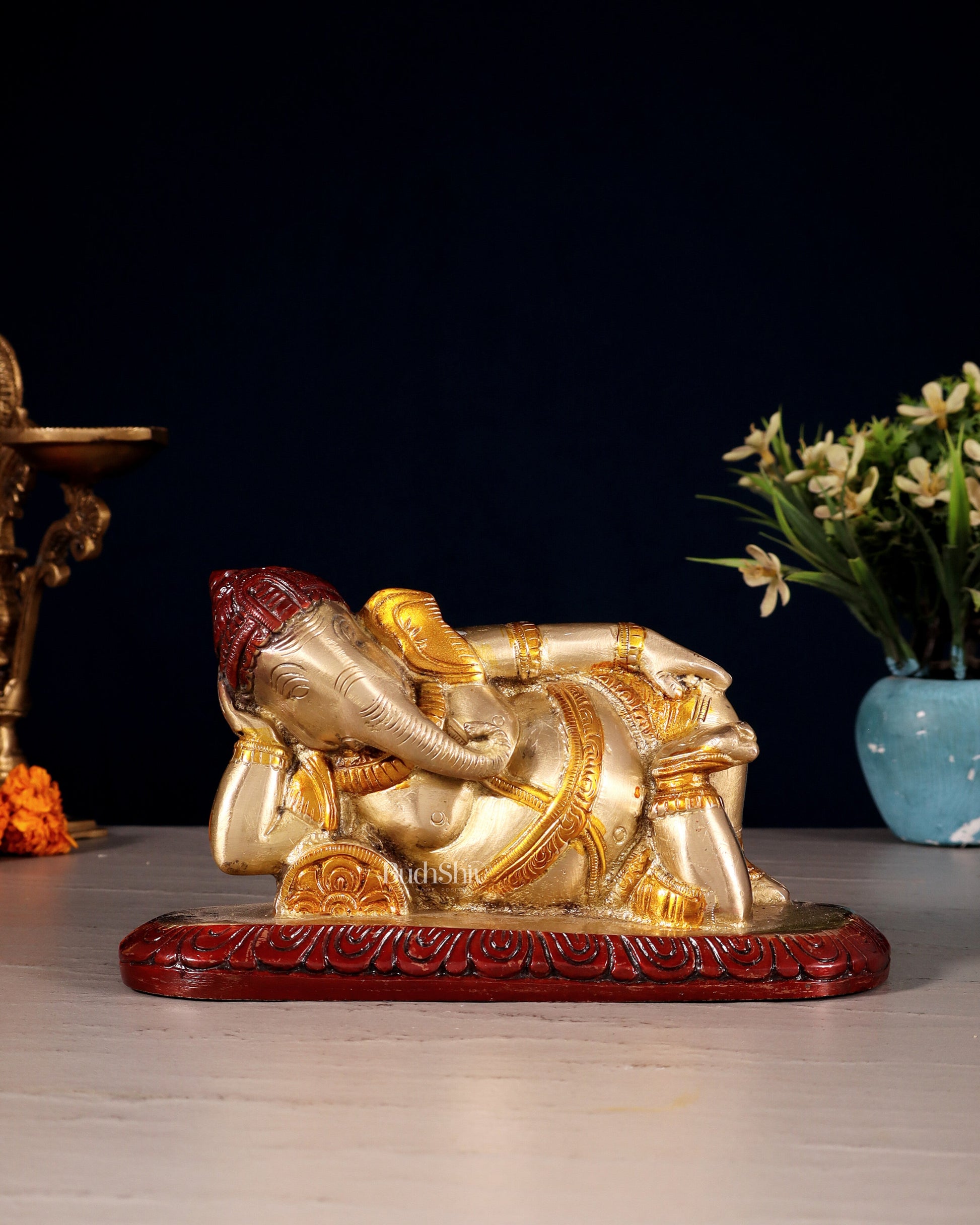 Brass Resting Lord Ganesha Statue 7.5" three tone | 100% Certified Copper & Brass - Sama Homes Idol - Brass Sculpture - Eco-friendly - Sama Homes