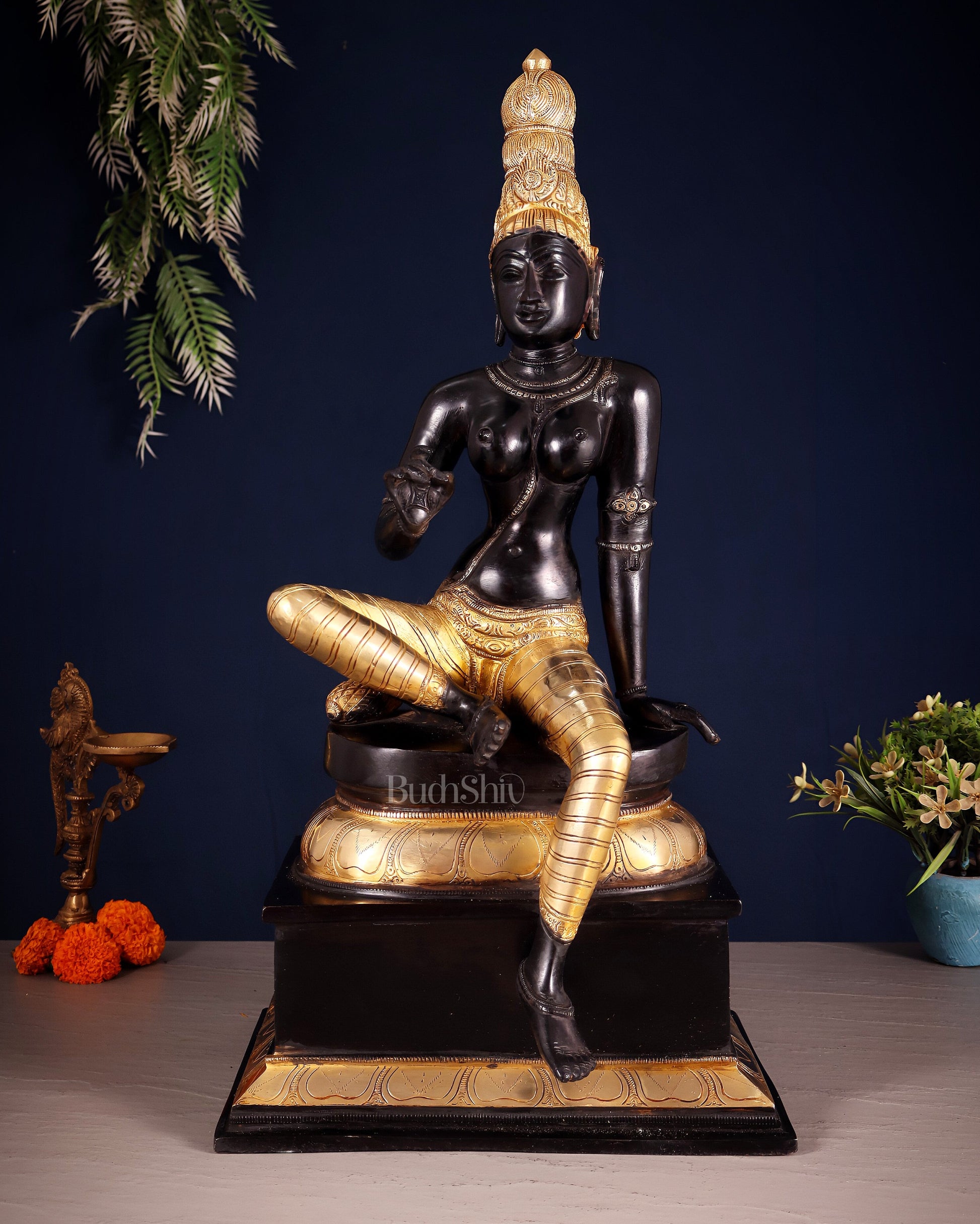 Brass Bhoga Shakti Seated Parvati Uma Devi Sculpture | Height: 20.5 inch black edition | 100% Certified Copper & Brass - Sama Homes Idol - Brass Sculpture - Eco-friendly - Sama Homes