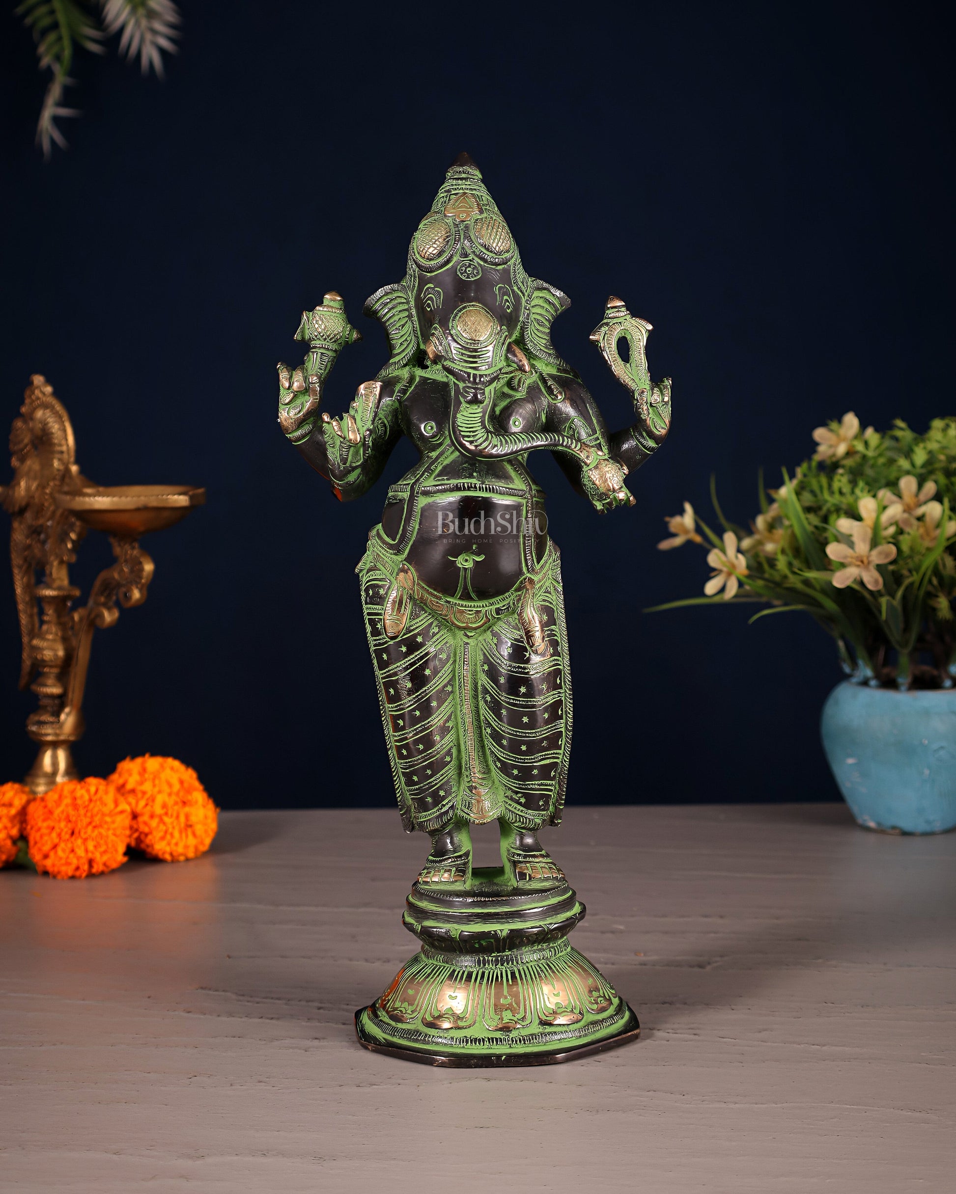 Brass Standing Ganesha Idol 10" black and green | 100% Certified Copper & Brass - Sama Homes Idol - Brass Sculpture - Eco-friendly - Sama Homes