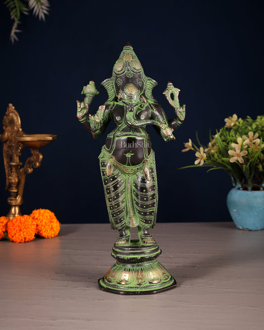 Brass Standing Ganesha Idol 10" black and green | 100% Certified Copper & Brass - Sama Homes Idol - Brass Sculpture