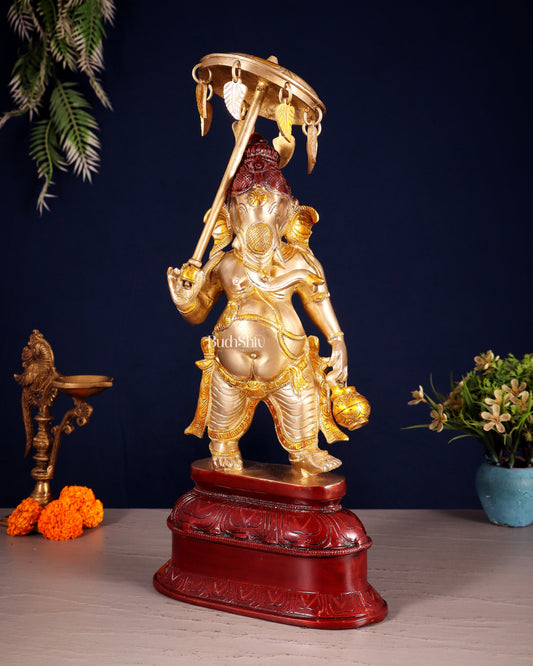 Handcrafted Brass Ganesha Statue with Umbrella and Kamandal - 15" - Sama Homes Idol - Brass Sculpture