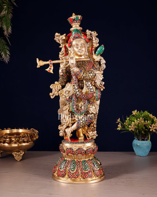 Brass Krishna Statue with stonework | 18 inch | 100% Certified Copper & Brass - Sama Homes Idol - Brass Sculpture