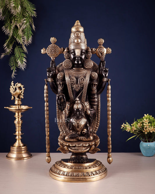 Superfine Brass Tirupati Balaji & Padmavati Idol | Antique Black & Gold Tone 20" - Sama Homes Idol - Brass Sculpture