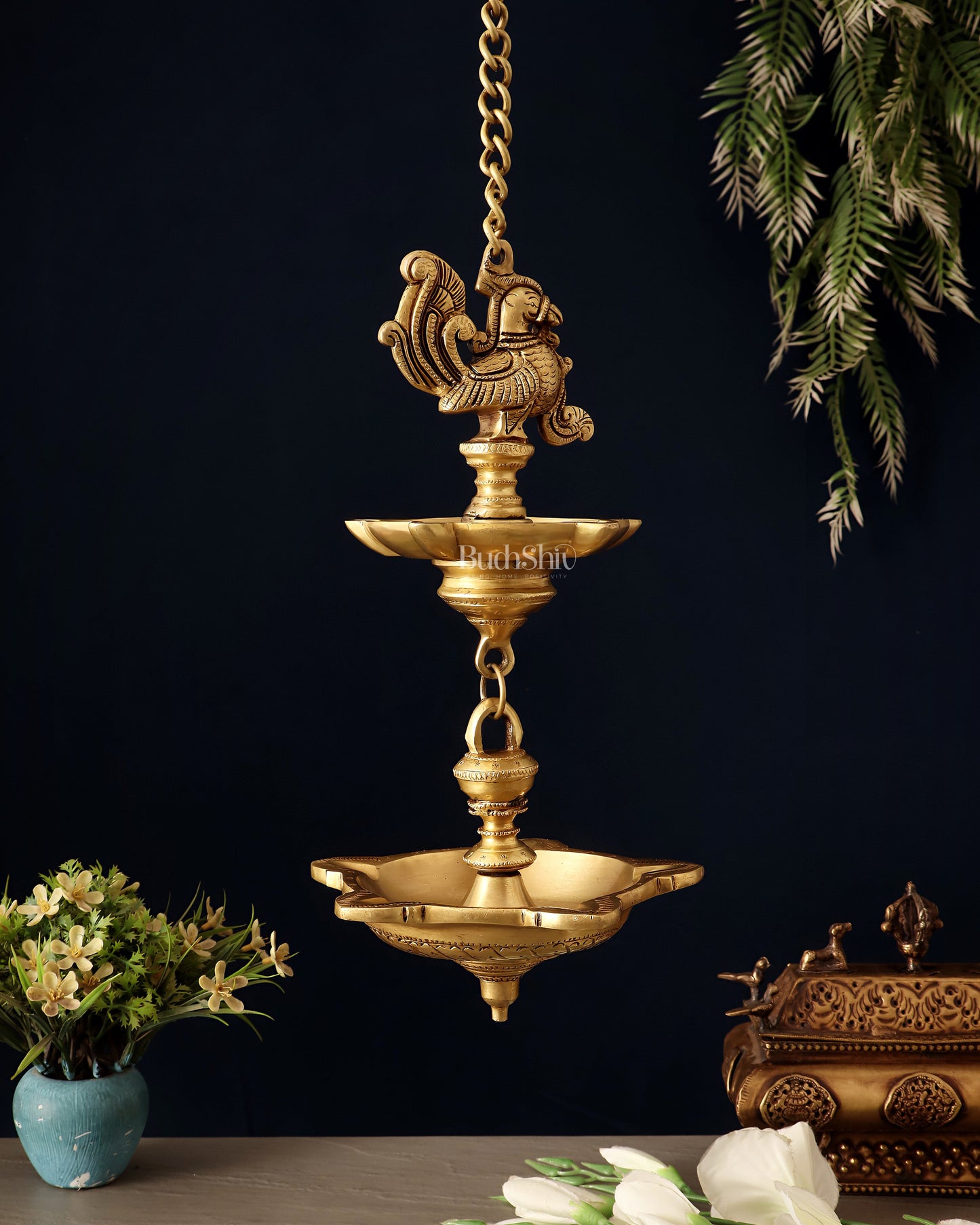 Brass Annam Pakshi Dual Hanging Lamp 27"