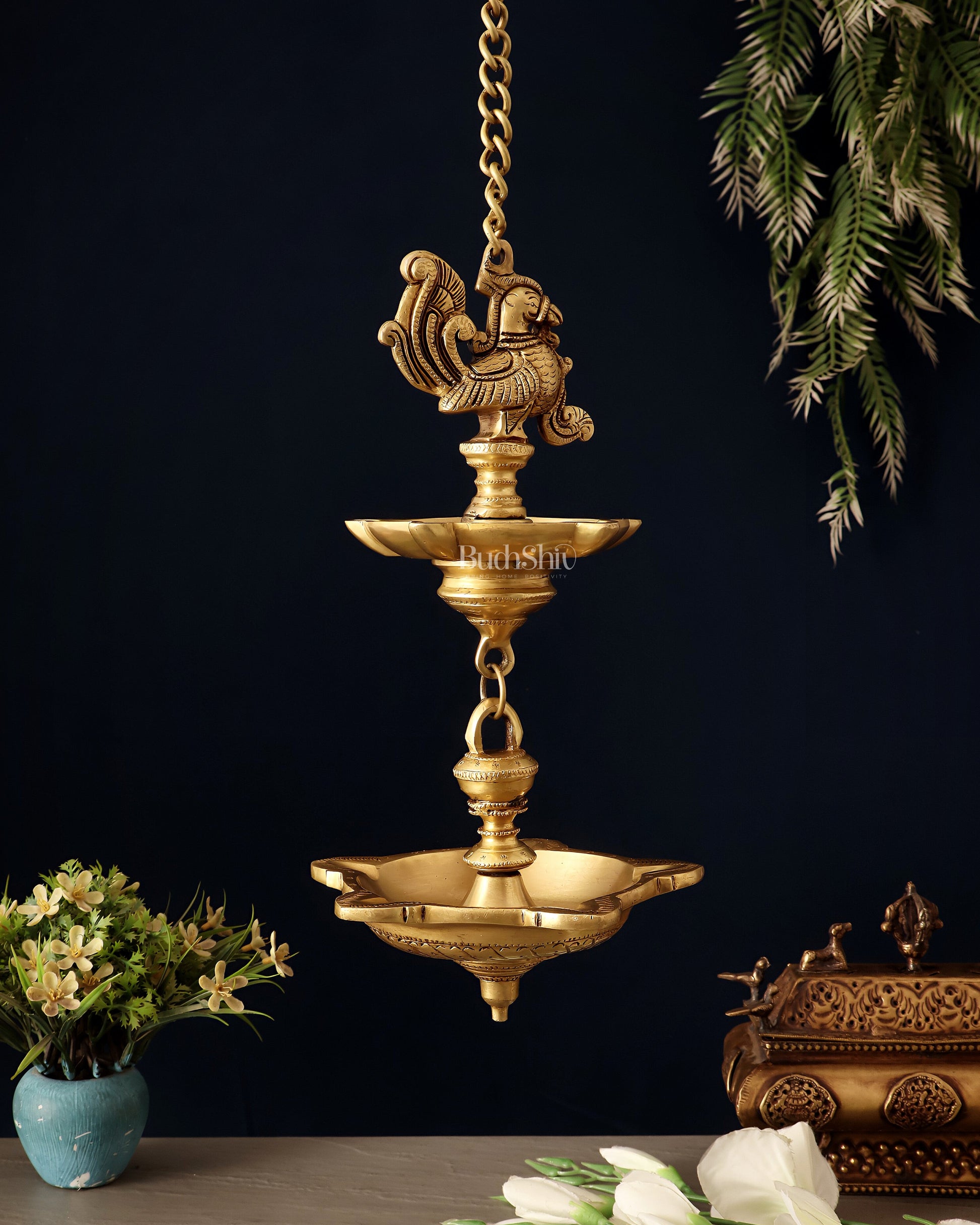 Brass Annam Pakshi Dual Hanging Lamp 27" - Eco-friendly - Sama Homes