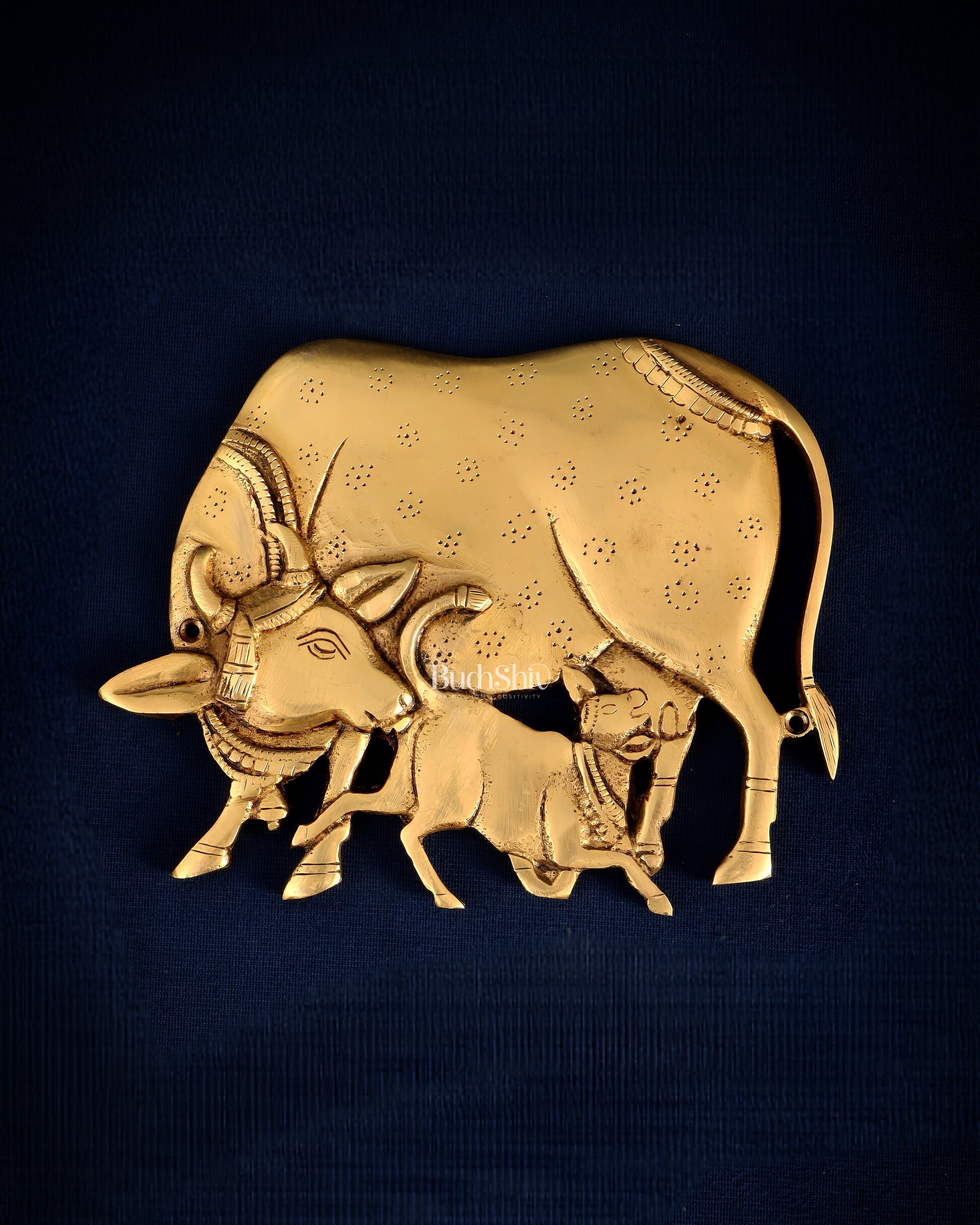 Pure Brass Kamdhenu Cow with Calf Wall Hanging – Superfine Carvings 7.5" – Sama Homes - Eco-friendly - Sama Homes