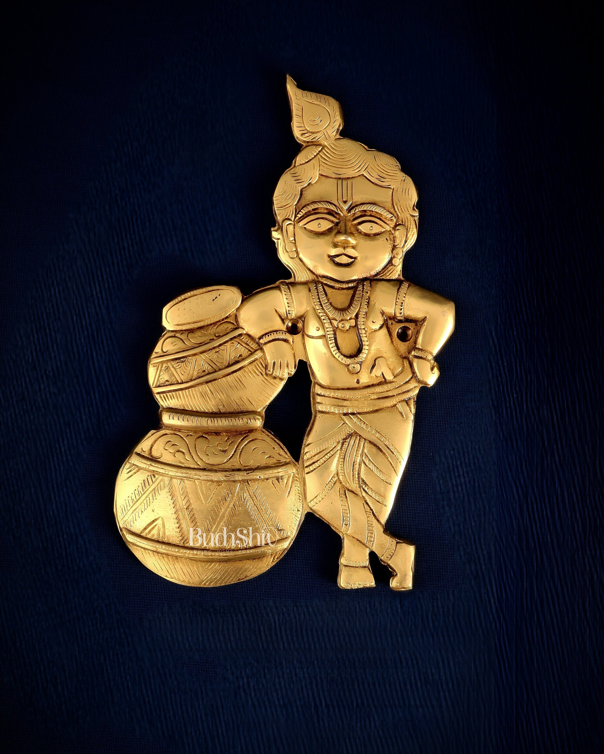 Pure Brass Wall Hanging Makhan Chor Statue – Krishna in Mischief 10" - Sama Homes Idol - Brass Sculpture - Eco-friendly - Sama Homes