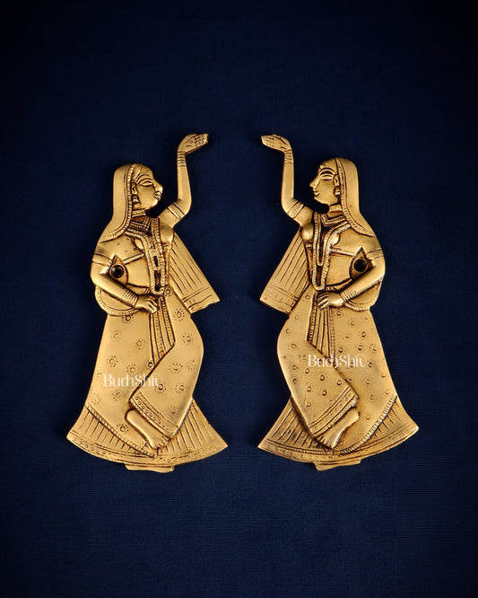 Brass Decorative Dancing Gopi Pair Wall Hanging – Graceful Divine Art 8" | 100% Certified Copper & Brass - Sama Homes Idol - Brass Sculpture