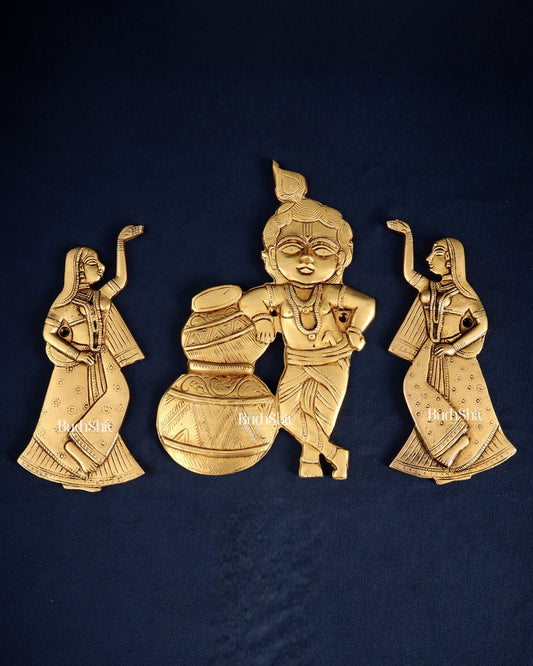 Brass Makhan Chor Krishna with Dancing Gopi Pair Wall Hanging Set | 100% Certified Copper & Brass - Sama Homes Idol - Brass Sculpture