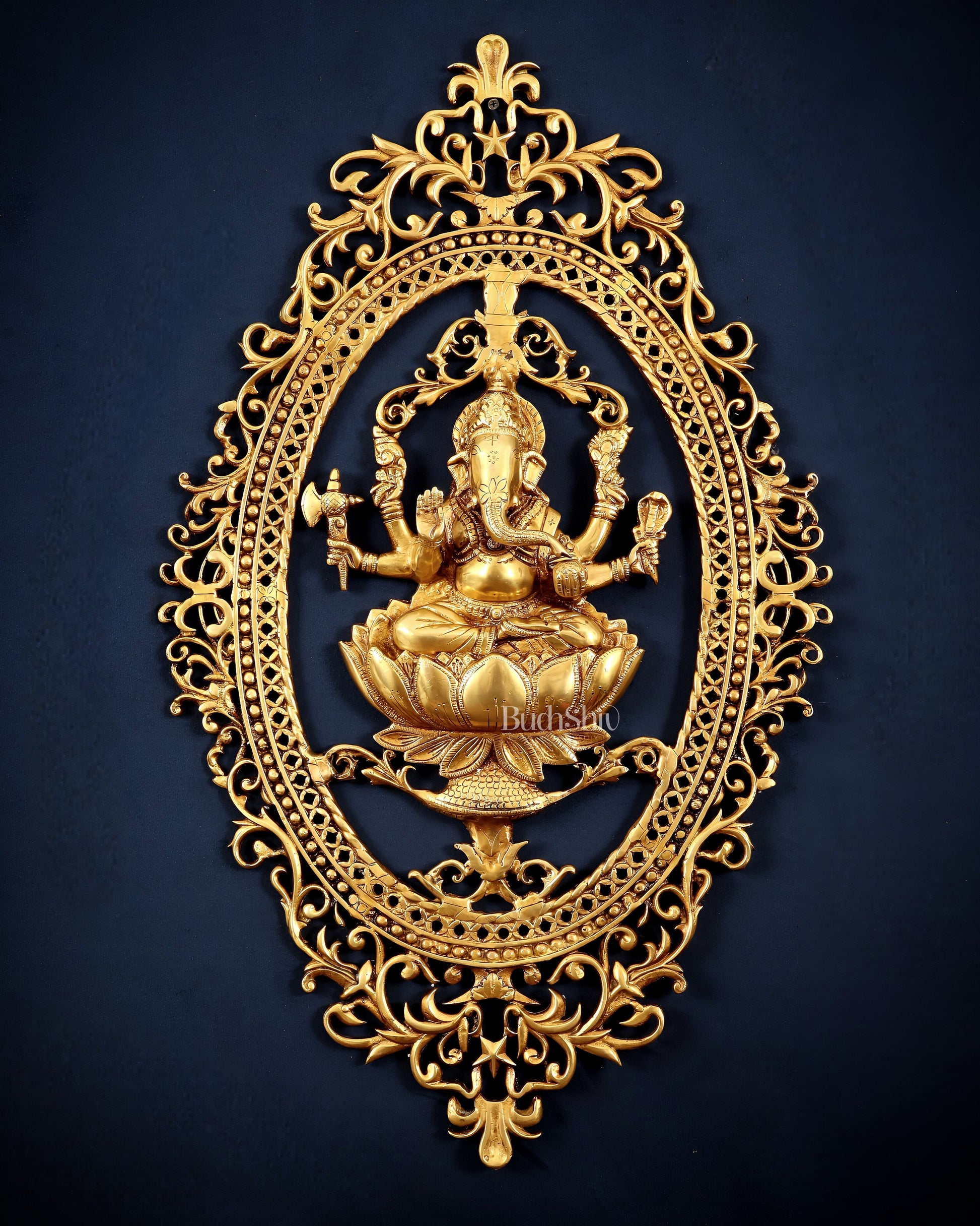 Pure Brass Lotus Ganesha Wall Hanging Frame – Large 30" - Sama Homes Idol - Brass Sculpture - Eco-friendly - Sama Homes