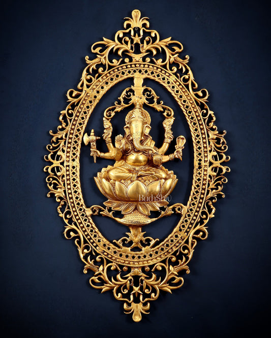 Pure Brass Lotus Ganesha Wall Hanging Frame – Large 30" - Sama Homes Idol - Brass Sculpture
