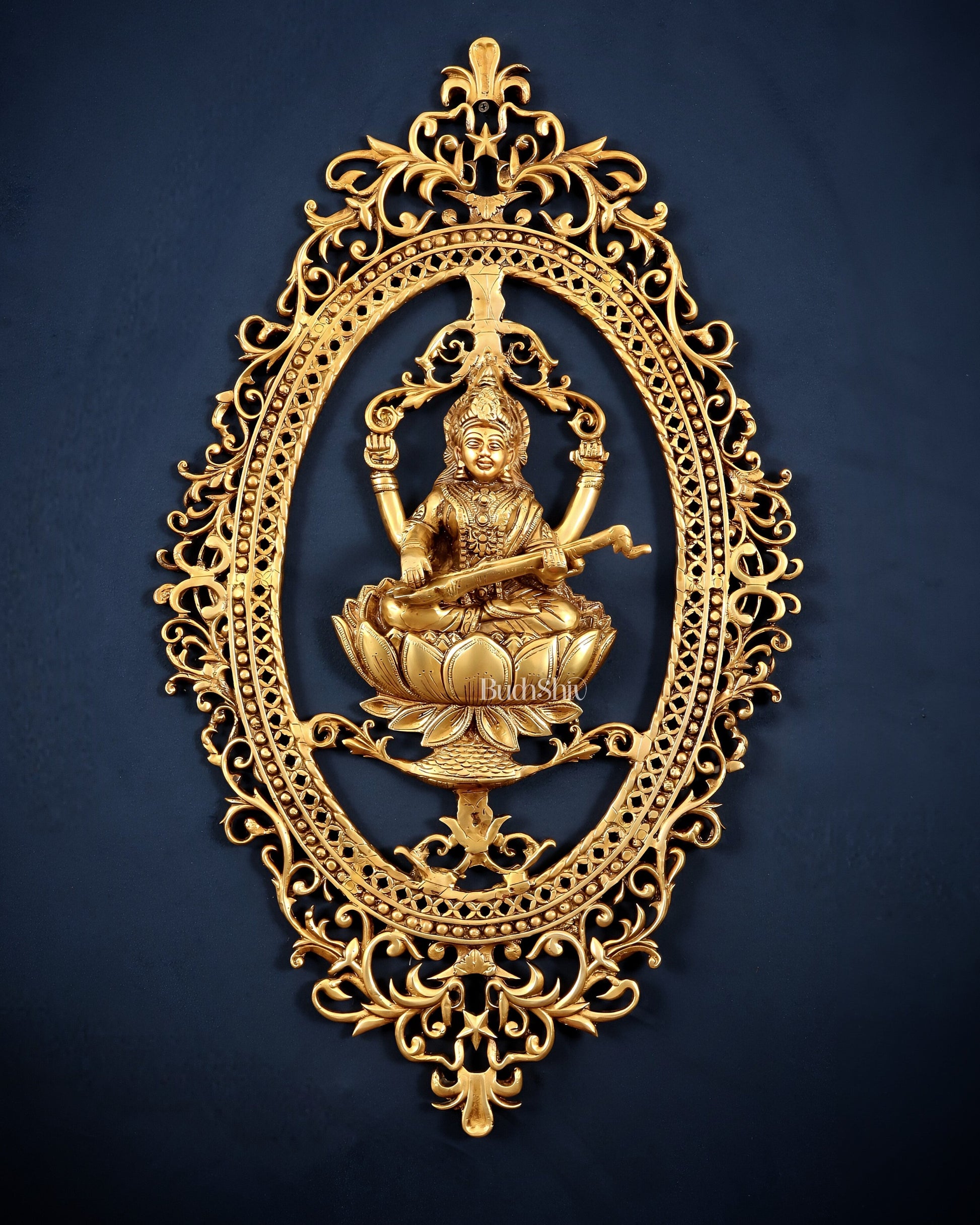 Pure Brass Lotus Saraswati Wall Hanging Frame – Large 30" - Sama Homes Idol - Brass Sculpture - Eco-friendly - Sama Homes