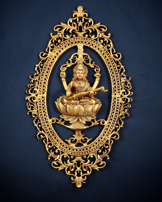 Pure Brass Lotus Saraswati Wall Hanging Frame – Large 30" - Sama Homes Idol - Brass Sculpture
