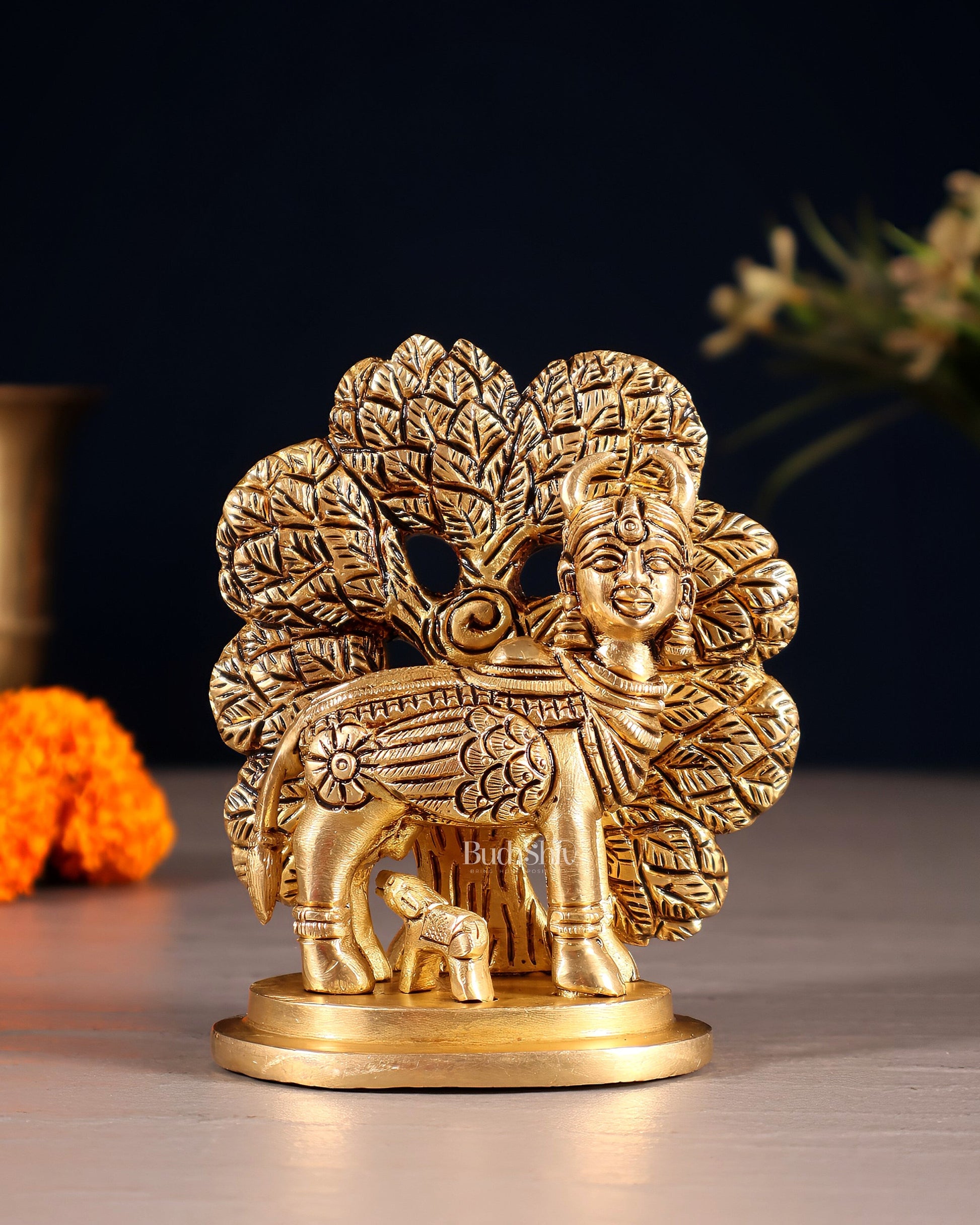 Brass Superfine Kamdhenu with Wings & Kalpavriksha Idol 4.5" - Eco-friendly - Sama Homes