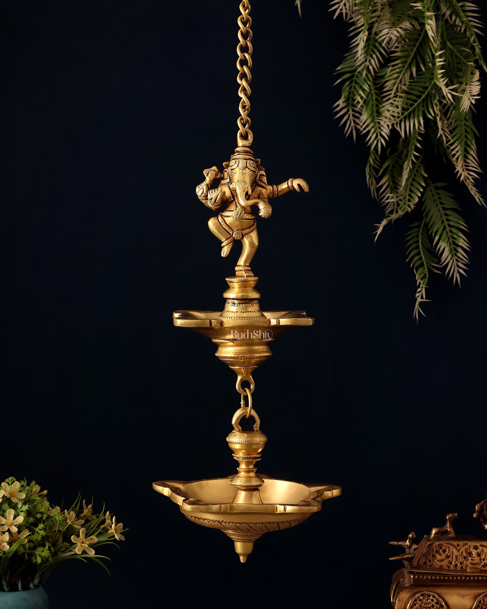 Brass Dancing Ganesha Hanging Lamp – Dual Design Elegance 28" | 100% Certified Copper & Brass - Sama Homes Idol - Brass Sculpture - Eco-friendly - Sama Homes