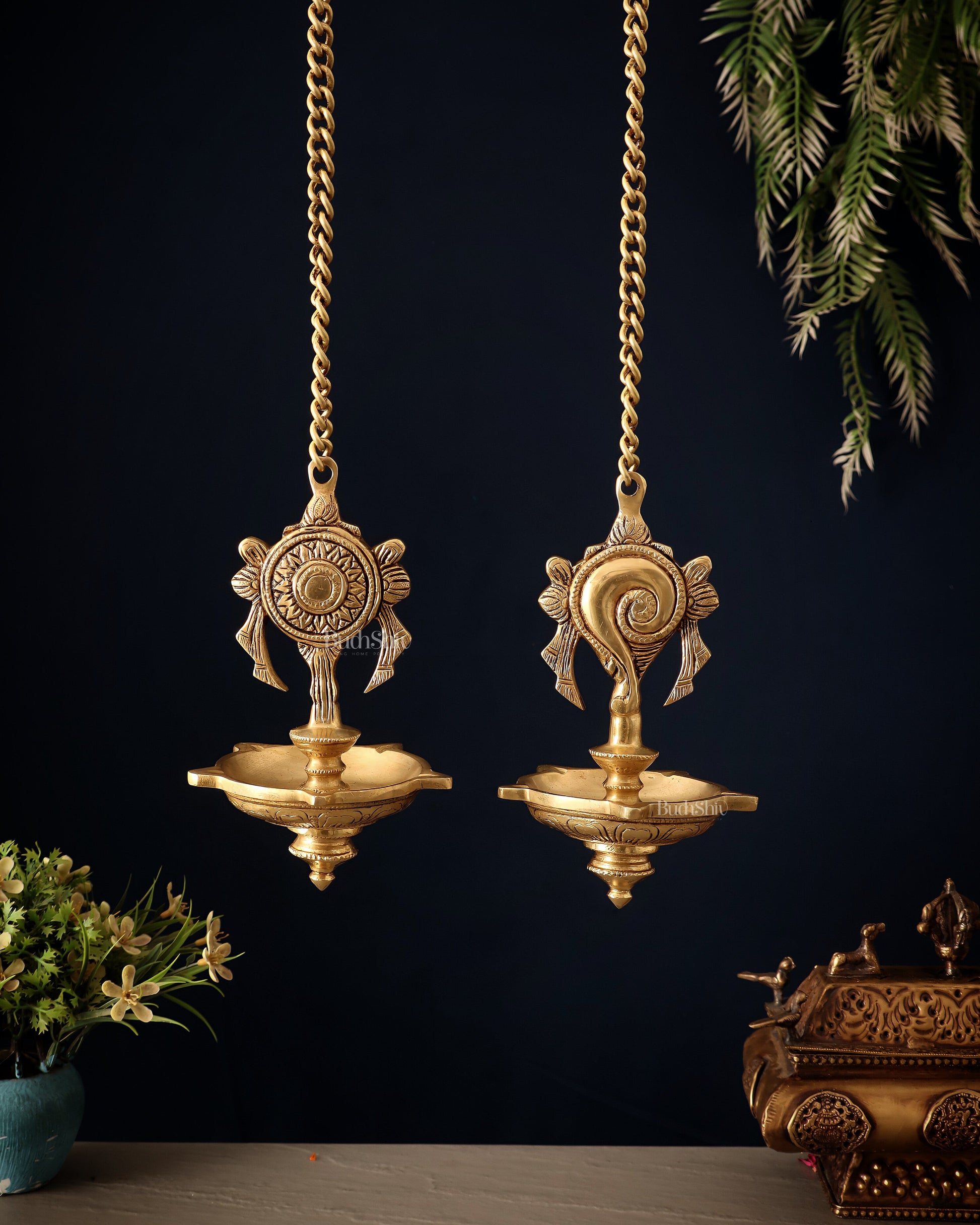 Brass Superfine Hanging Shankh and Chakra Lamps - Sama Homes Idol - Brass Sculpture - Eco-friendly - Sama Homes