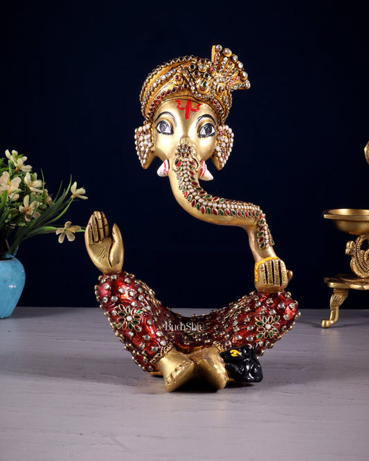 Modern Abstract Pagdi Ganesha Idol – Brass Sculpture with Laakh Meenakari & Turban Design - Sama Homes Idol - Brass Sculpture