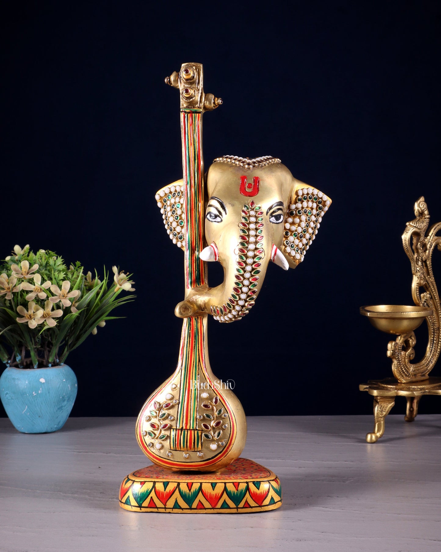 Brass Superfine Lord Ganesha with sitar laakh meenakari  - 12 Inch - Sama Homes Idol - Brass Sculpture