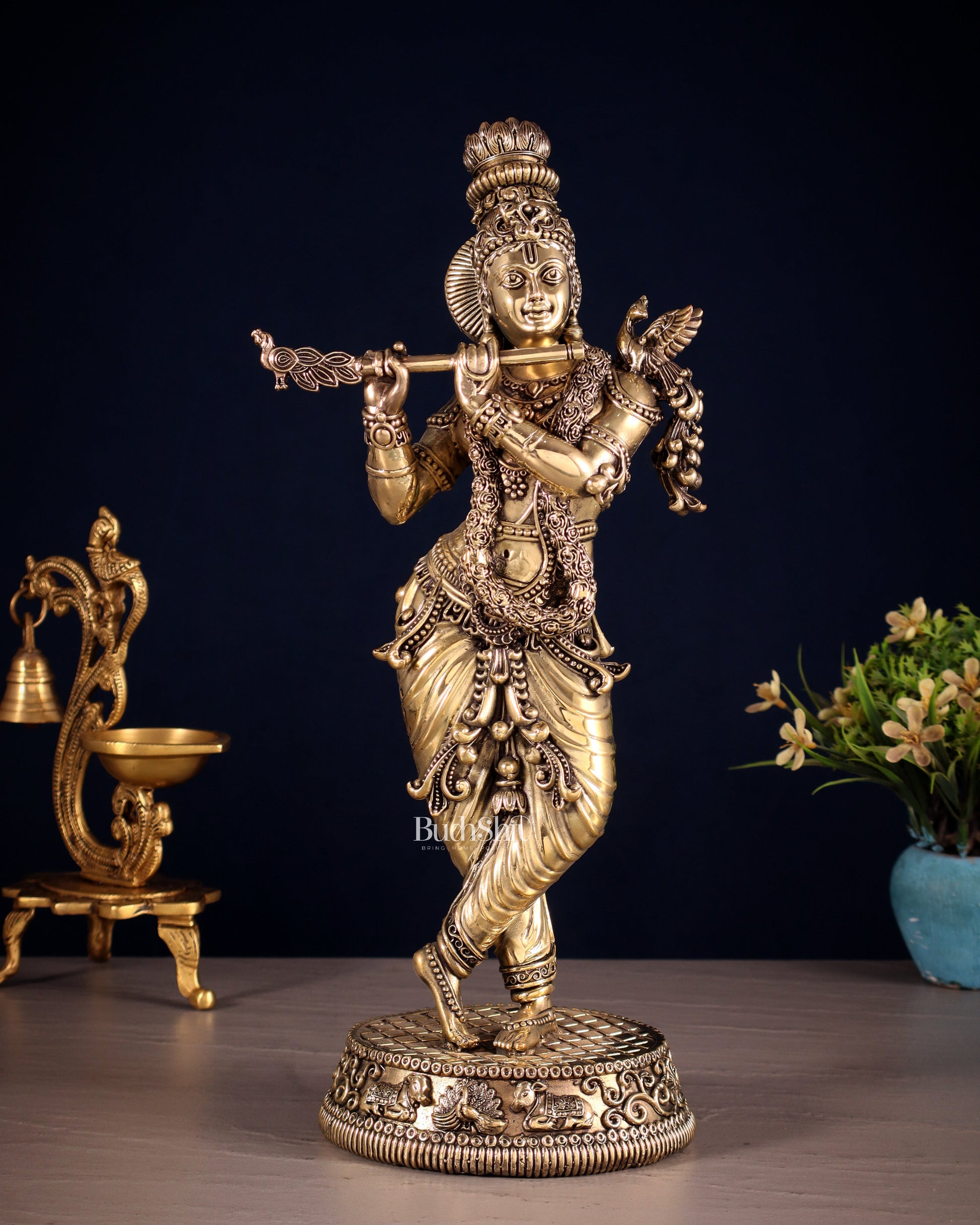 Pure Brass Intricate Lord Krishna Idol – Enhanced Carvings 13.5" - Sama Homes Idol - Brass Sculpture - Eco-friendly - Sama Homes