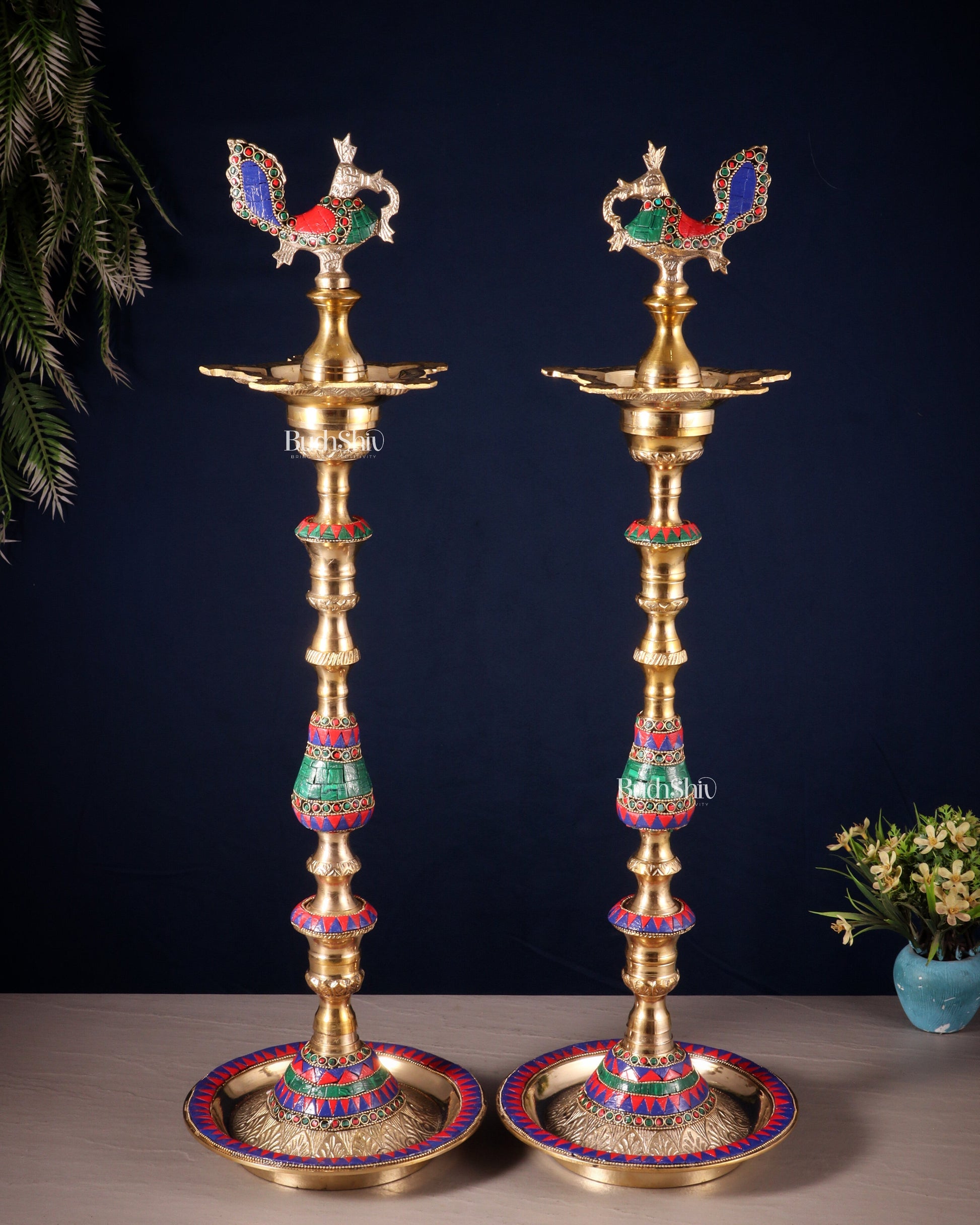Pair of Majestic Brass Peacock Samai Lamps with Stonework – 26 Inch (2.2 Ft), Inauguration Diya (6.25 kg) - Eco-friendly - Sama Homes